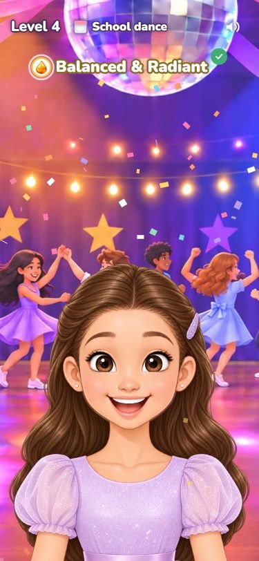 The school dance: the same girl, glowing and smiling, in a sparkly dress under a disco ball.